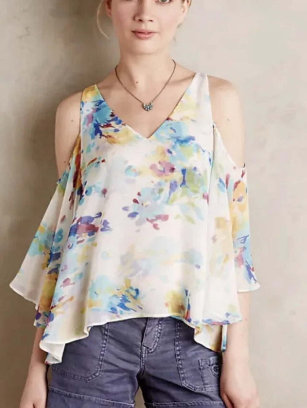 Anthropologie Maeve Cold Shoulder Watercolor Silk Top Blouse Tank M Sheer